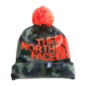The North Face Youth Camo/Orange Pom Pom Logo Ski Hat Size Medium